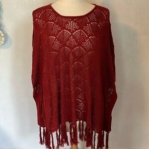 NWTS Grace & Lace Burgundy Pointelle knitted Poncho w/Tassel Hem Size XS/M